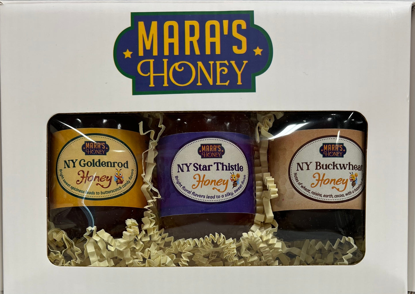 Mara's Honey gift set with three types of honey in a box