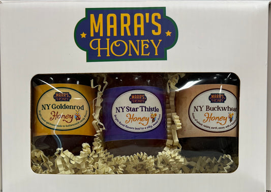 Mara's Honey gift set with three types of honey in a box